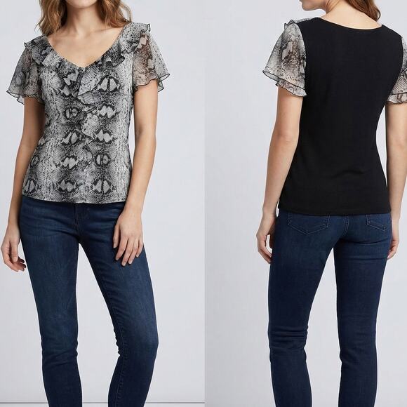White House Black Market Tops - WHBM White House Black Market Small Black Flutter Short Sleeve Top